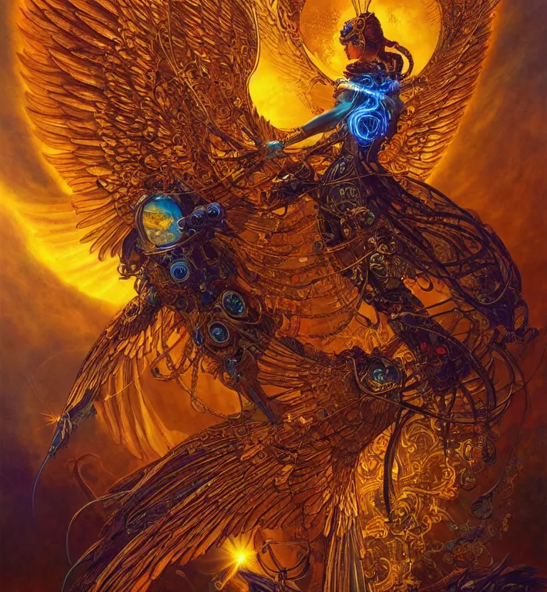 Image similar to a beautiful tarot card artwork of a cyberpunk seraphim in nature, backlit, highly detailed, golden hour, digital painting, by karol bak and justin gerard and dan mumford and artgerm, vivid colors, masterpiece, detailed shading, 8 k resolution, intricate, smooth