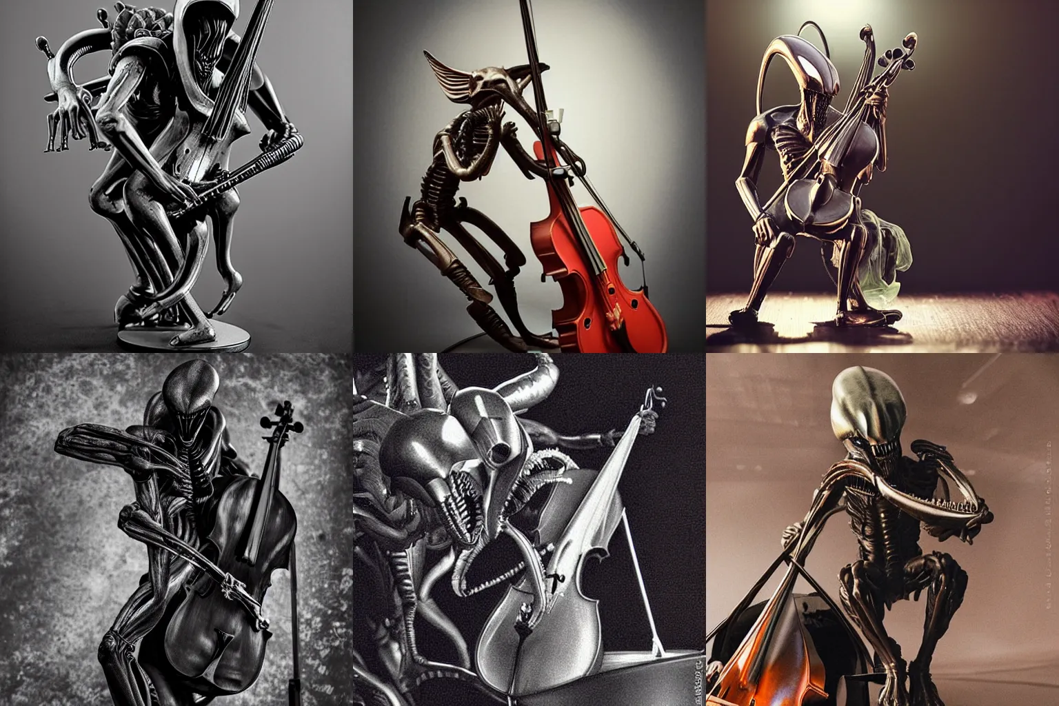 Prompt: xenomorph playing cello in a concert hall, detailed, realistic, photography