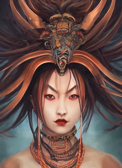 Prompt: a beautiful detailed oil on copper art illustration of a waka onna mask shogun devil woman, centered, by charlie bowater, zeng fanzh, trending on artstation, dim dusk lighting, cinematic lighting, detailed lighting, volumetric lighting, realistic, f 8, 4 k hd wallpaper