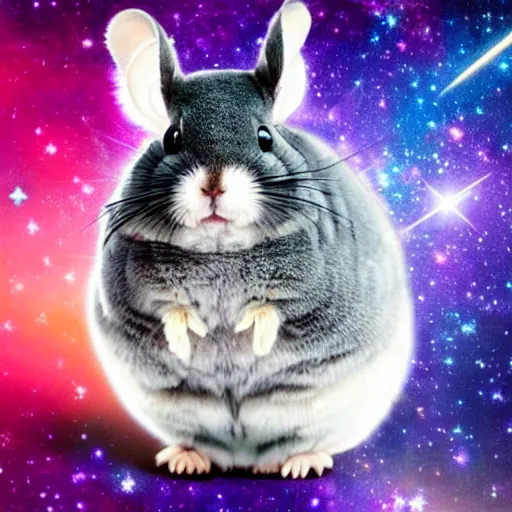Image similar to chinchilla with mean look in space with galaxy in background, rainbow jellybeans under chinchilla's tail