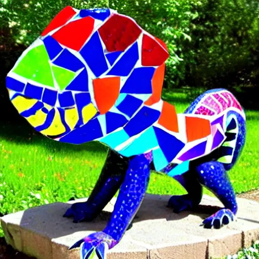 Image similar to mosaic sculpture of a alebrije chimera!!!, irregularly shaped mosaic tiles, hand glazed pottery shards, in the style of folk art, in a cottagecore flower garden