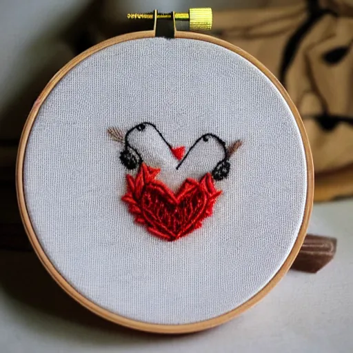 Prompt: a tiny beautiful handmade embroidery of a kiss. hand embroidery.