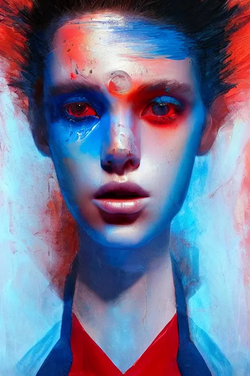 Image similar to 3 d, sci - fi, sun rays, sleepy fashion model face, detailed blue faces aside, cinematic, vogue cover style, poster art, light red and deep blue mood, realistic painting, intricate oil painting, high detail, figurative art, multiple exposure, poster art, 3 d, by tooth wu and wlop and beeple and greg rutkowski