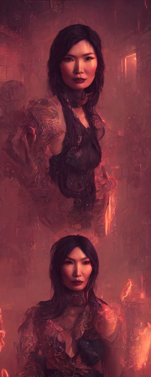Image similar to portrait of gemma chan tavern bard, surrealistic, intricate face, crazy expression, sweat, narrow dark streets with exotic dancers, vaporwave aesthetics, 8 k uhd, unreal engine, octane render in the artstyle of finnian macmanus, john park and greg rutkowski