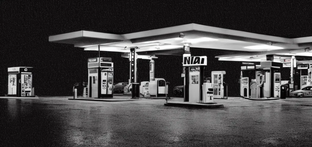 Prompt: Look of a lonely gas station, rain, night, noire moody scene, digital art, 8k, moody details