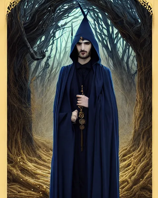 Image similar to wizard the sandman tom sturridge, long black hair blue wearing cloth mantle gothic navy cloak with gold details, tree town, fantasy character portrait, ultra realistic, intricate, elegant, cinematic lighting, highly detailed, trending cgsociety, artstation, smooth, sharp, focus, illustration, art by artgerm and greg rutkowski and alphonse mucha