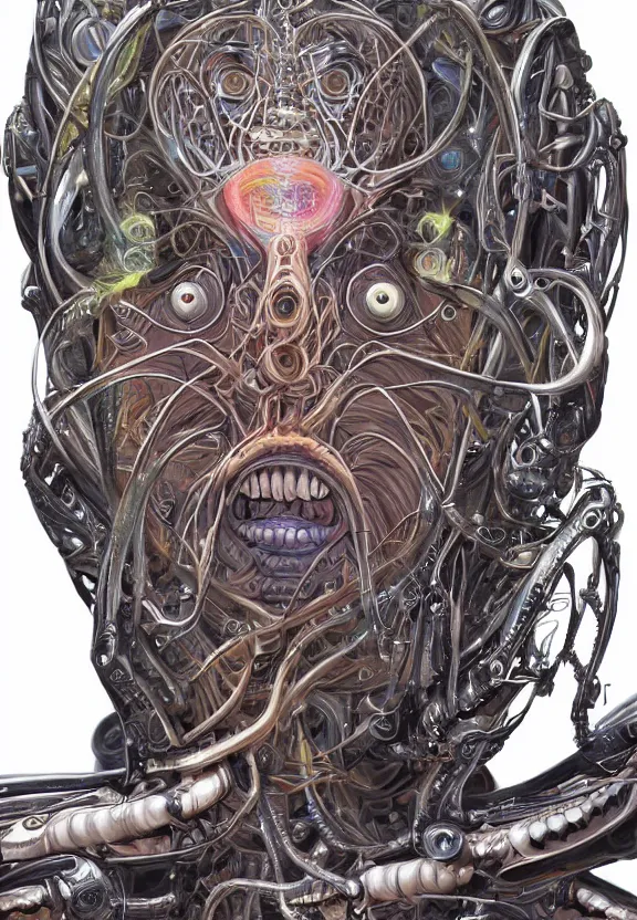 Image similar to perfectly centered portrait front view of a beautiful biomechanical alien robot, flowing hair, intense stare, sweet smile, symmetrical, concept art, intricate detail, volumetric shadows and lighting, realistic oil painting by alex grey,