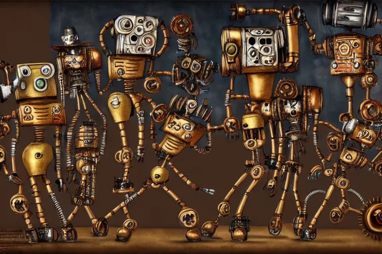 Image similar to steampunk robots dancing by otto dix, 4 k