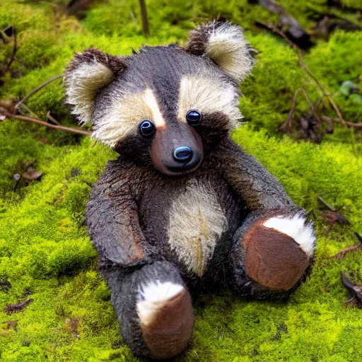 Image similar to raccoon teddy bear in a mossy forest