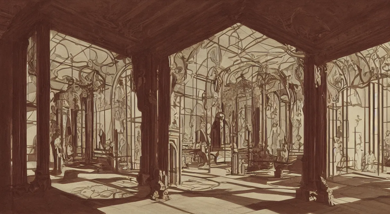 Image similar to inside a baroque frame. chiaroscuro gouache by james gurney. enlightenment salon architecture designed by frank lloyd wright. composed by directory kubrick ( 1 9 6 2 )