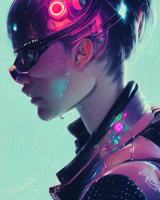 Image similar to detailed side profile portrait Neon Operator Girl, cyberpunk futuristic neon, reflective puffy coat, decorated with traditional Japanese ornaments by Ismail inceoglu dragan bibin hans thoma greg rutkowski Alexandros Pyromallis Nekro Rene Maritte Illustrated, Perfect face, fine details, realistic shaded, fine-face, pretty face