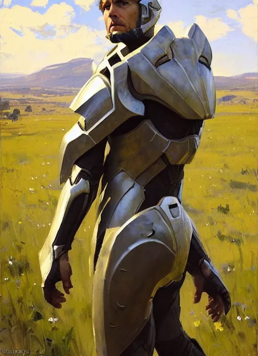 Image similar to Greg Manchess painting of a Corgian wearing Forerunner Armor from Halo, countryside, calm, fantasy character portrait, dynamic pose, above view, sunny day, artwork by Jeremy Lipkin and Giuseppe Dangelico Pino and Michael Garmash and Rob Rey, very coherent asymmetrical artwork, sharp edges, perfect face, simple form, 100mm