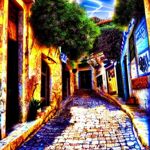 Image similar to safed tzfat israel, digital art, outrun