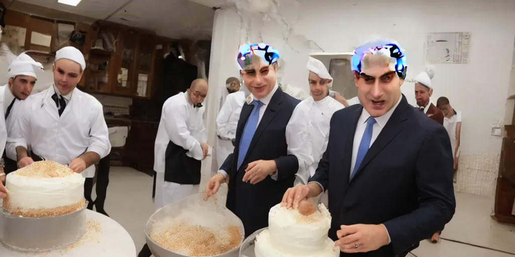 Prompt: Benjamin Netanyahu baking a wedding cake