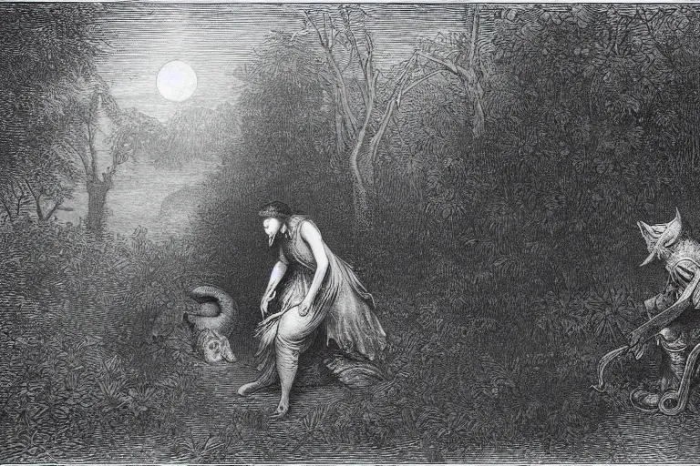 Image similar to werewolf in the garden hunting young french woman, Gustave Dore lithography