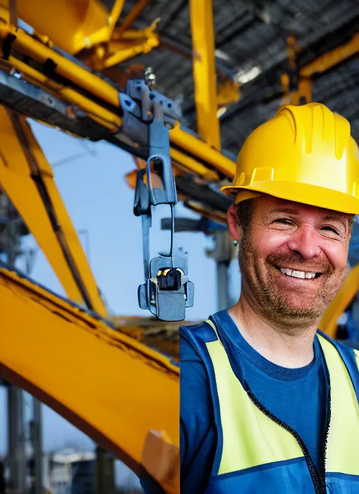 Prompt: closeup portrait of cheerful bryan operating a crane, sitting in a crane, yellow hardhat, sitting in a crane, natural light, bloom, detailed face, magazine, press, photo, steve mccurry, david lazar, canon, nikon, focus