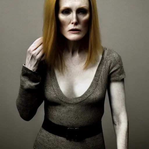 Image similar to portrait photo of julianne moore, full platinum blond, intense, pale skin, by kyle thompson, realistic, high detail, high quality, trending on pinteresst