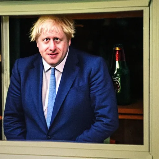Image similar to grainy telephoto shot through a window at night of Boris Johnson standing in a kitchen and holding a bottle of beer