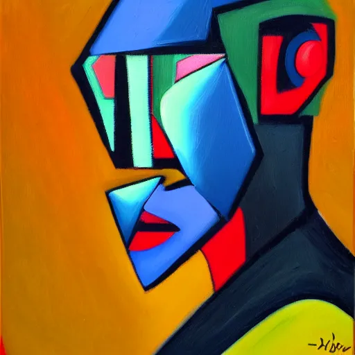 Prompt: an abstract minimalist oil painting. portrait of an androgynous cyborg, unknown artist. bold colors. oil on panel. Museum Scan