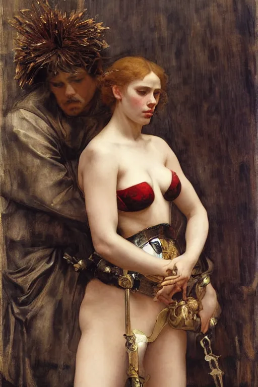 Image similar to scarlett johansson as a lion tamer by edgar maxence and caravaggio and michael whelan and delacroix