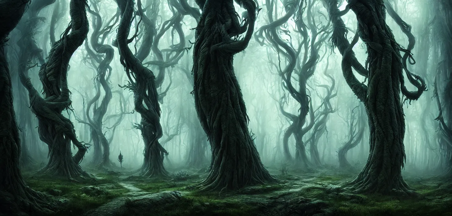 Image similar to scary fairy tale mystical forest twisted creepy trees magical forest landscape artwork trees near the path amazing nature, surreal, dreamlike, lucid dream, very detailed, perfect lighting, perfect composition, 4 k, artgerm, derek zabrocki, greg rutkowski