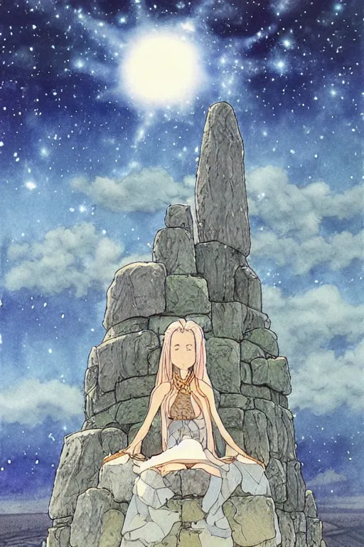 Image similar to a hyperrealist studio ghibli watercolor fantasy concept art of a giant long haired grey witch in lotus position sitting on top of stonehenge with a starry sky in the background. a ufo is in the sky. by rebecca guay, michael kaluta, charles vess