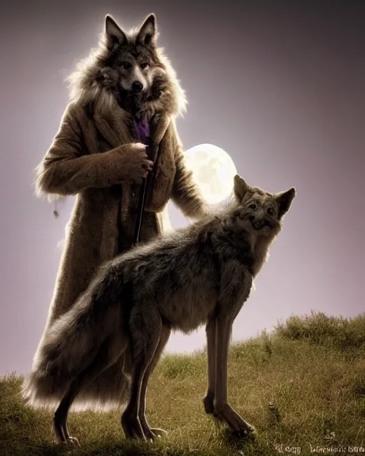 Image similar to Tall emaciated man wolf hybrid, covered in matted fur, he has yellow wolf eyes, a long bent rat like tail, long coyote like ears, and is Wearing a purple velvet cape and is holding a Silver cane with his right hand, Atmospheric Full Moon, highly realistic, Rick Baker style, photoreal, photograph in the style of Annie Leibovitz