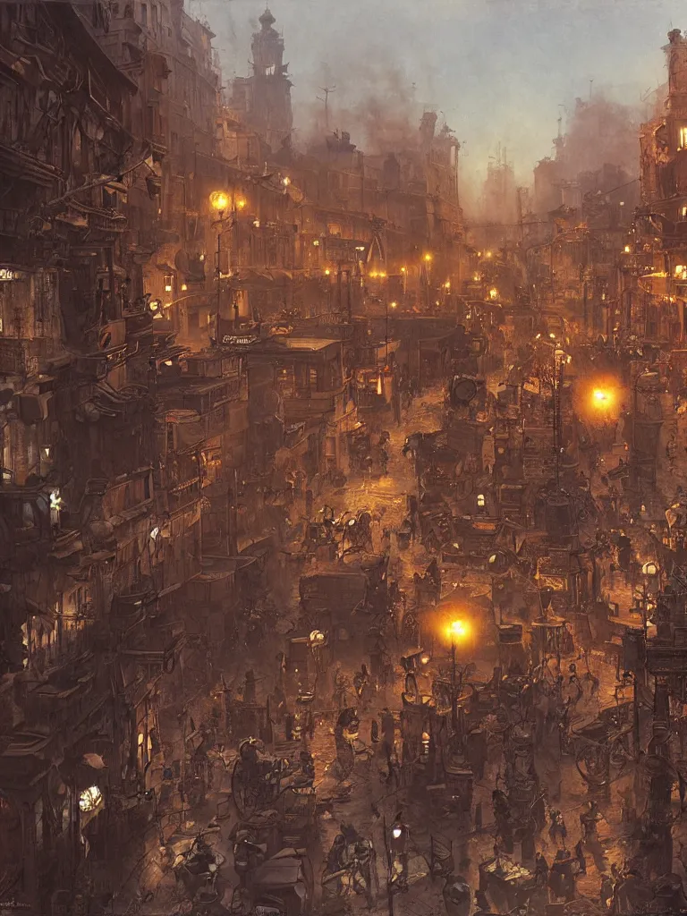 Prompt: a large dieselpunk and steampunk city street at dusk in russia during the 1 9 1 0 revolution, craig mullins