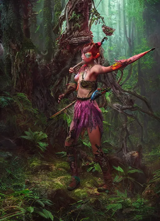 Image similar to detailed full body concept colorful fantasy painting of a forest huntress, cinematic lighting, hyperdetailed, 8k, high resolution, insanely detailed and intricate, octane render