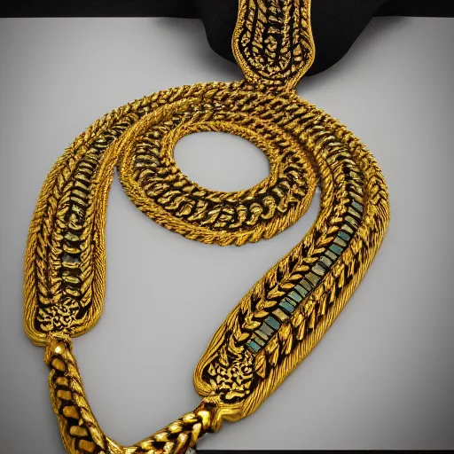 Prompt: Filigree gold chain jewlery on black cloth robes, ultra detailed, trending on artstation,