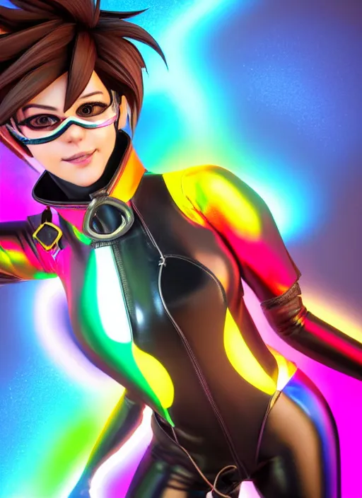 Image similar to portrait bust digital artwork of tracer overwatch, wearing iridescent rainbow latex and leather straps catsuit outfit, 4 k, expressive happy face, makeup, in style of mark arian, angel wings, wearing detailed leather collar, chains, black leather harness, detailed face and eyes,