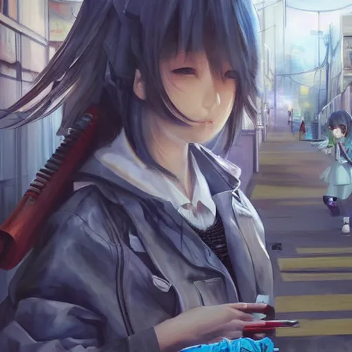 Image similar to dynamic composition, motion, ultra-detailed, incredibly detailed, a lot of details, amazing fine details and brush strokes, colorful and grayish palette, smooth, HD semirealistic anime CG concept art digital painting, watercolor oil painting of Clean and detailed post-cyberpunk sci-fi close-up schoolgirl in asian city in style of cytus and deemo, blue flame, relaxing, calm and mysterious vibes,, by a Chinese artist at ArtStation, by Huang Guangjian, Fenghua Zhong, Ruan Jia, Xin Jin and Wei Chang. Realistic artwork of a Chinese videogame, gradients, gentle an harmonic grayish colors. set in half-life 2, Matrix, GITS, Blade Runner, Neotokyo Source, Syndicate(2012), dynamic composition, beautiful with eerie vibes, very inspirational, very stylish, with gradients, surrealistic, dystopia, postapocalyptic vibes, depth of field, mist, rich cinematic atmosphere, perfect digital art, mystical journey in strange world