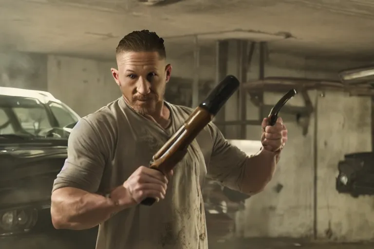 Image similar to film still of Tom Hardy as Max Payne in a body shop garage holding a baseball bat in the Max Payne movie, 4k