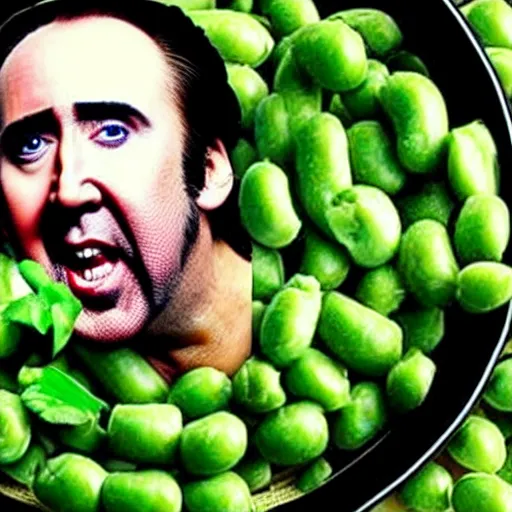 Image similar to nicolas cage with peas on his face, screaming in a wicker basket