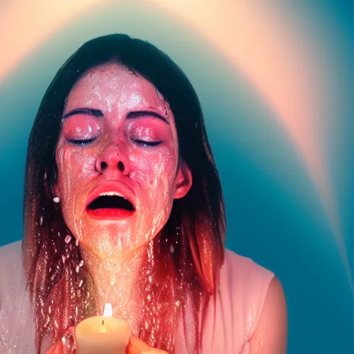 Image similar to woman crying with water on her face, personal painting, light coming from a candle