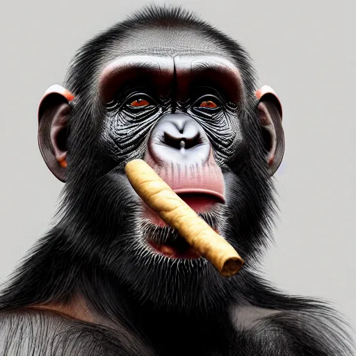 Image similar to a high detail shot of a chimp wearing a suit, smoking a cigar, render, cgsociety, photorealism