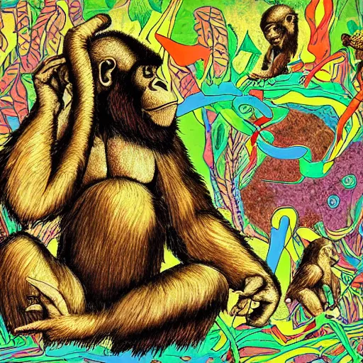 Image similar to stoned ape theory, psilocybin mushrooms, abstract, evolution