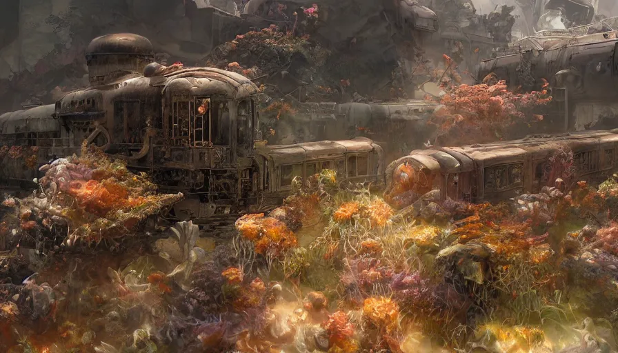 Image similar to craig mullins and ghibli digital illustration of a dragons entwine train, ocean depths, corals and schools of fish unreal engine, hyper realism, realistic shading, cinematic composition, realistic render, octane render, detailed textures, photorealistic, wide shot