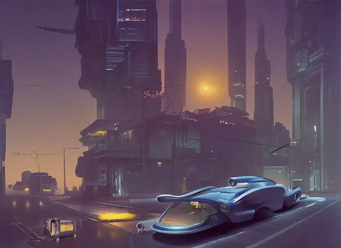 Prompt: a car bu driving down a street next to small buildings the night, cyberpunk art by Chesley Bonestell, cgsociety, retrofuturism, matte painting, reimagined by industrial light and magic