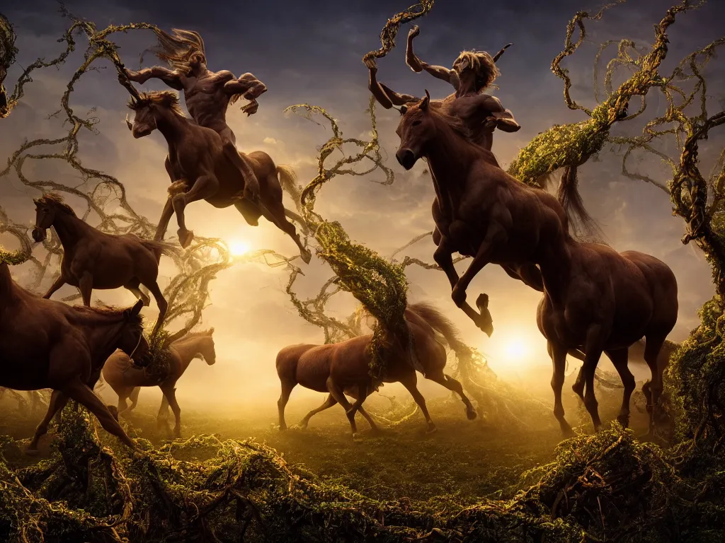 Prompt: centaurs brightly lit by strong sunlight shining through vast hyperdetailed tangled vines, award winning movie scene by stephen spielberg, imax movie scene, magical energy, 8 k scenery, award winning boxoffice movie still, perfect lighting balance, hdr, focus stacked, archviz, volumetrics, light shafts