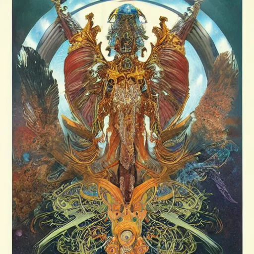 Image similar to portrait of garuda the mighty bird emperor made with brown feathers and thunder by Jeff Easley and Peter Elson + beautiful eyes, beautiful face + symmetry face + border and embellishments inspiried by alphonse mucha, fractals in the background, galaxy + baroque, gothic, surreal + highly detailed, intricate complexity, epic composition, magical atmosphere + masterpiece, award winning + trending on artstation