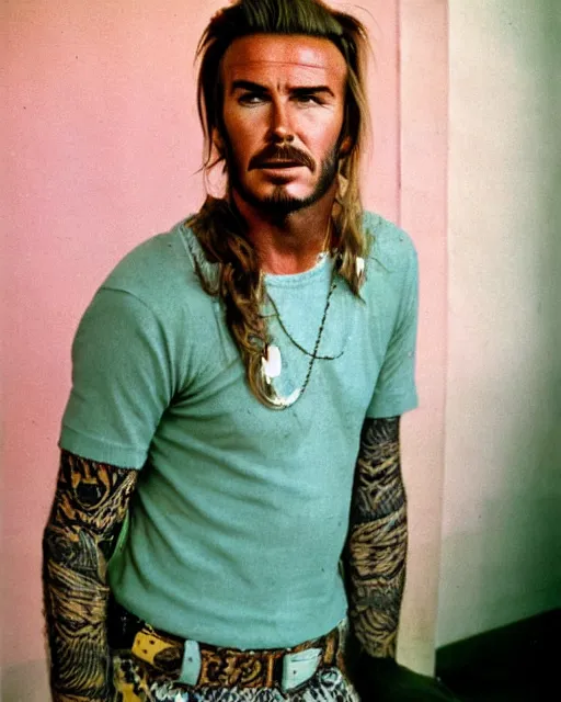 Prompt: a portrait of a 1 9 6 0 s hippie looking like david beckham