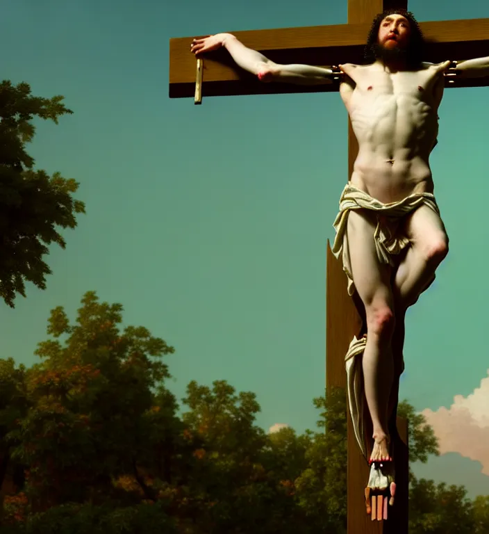 Prompt: detailed professional Renaissance photo of a cyborg-robotic-human crucified on the cross in a virtual reality vaporwave by Raphael Santi, William-Adolphe Bouguereau . still from a 2021 movie by Terrence Malick and Gaspar Noe, , 8k, photo, octane render