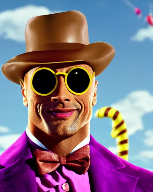 Image similar to Film still close-up shot of Dwayne Johnson as Willy Wonka from the movie Willy Wonka & The Chocolate Factory. Photographic, photography