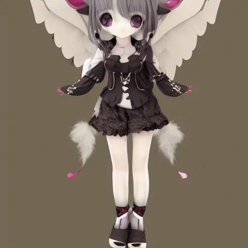 Image similar to cute fumo plush bunny girl, floppy ears, gothic maiden, alert, furry anime, tattered angel, vray