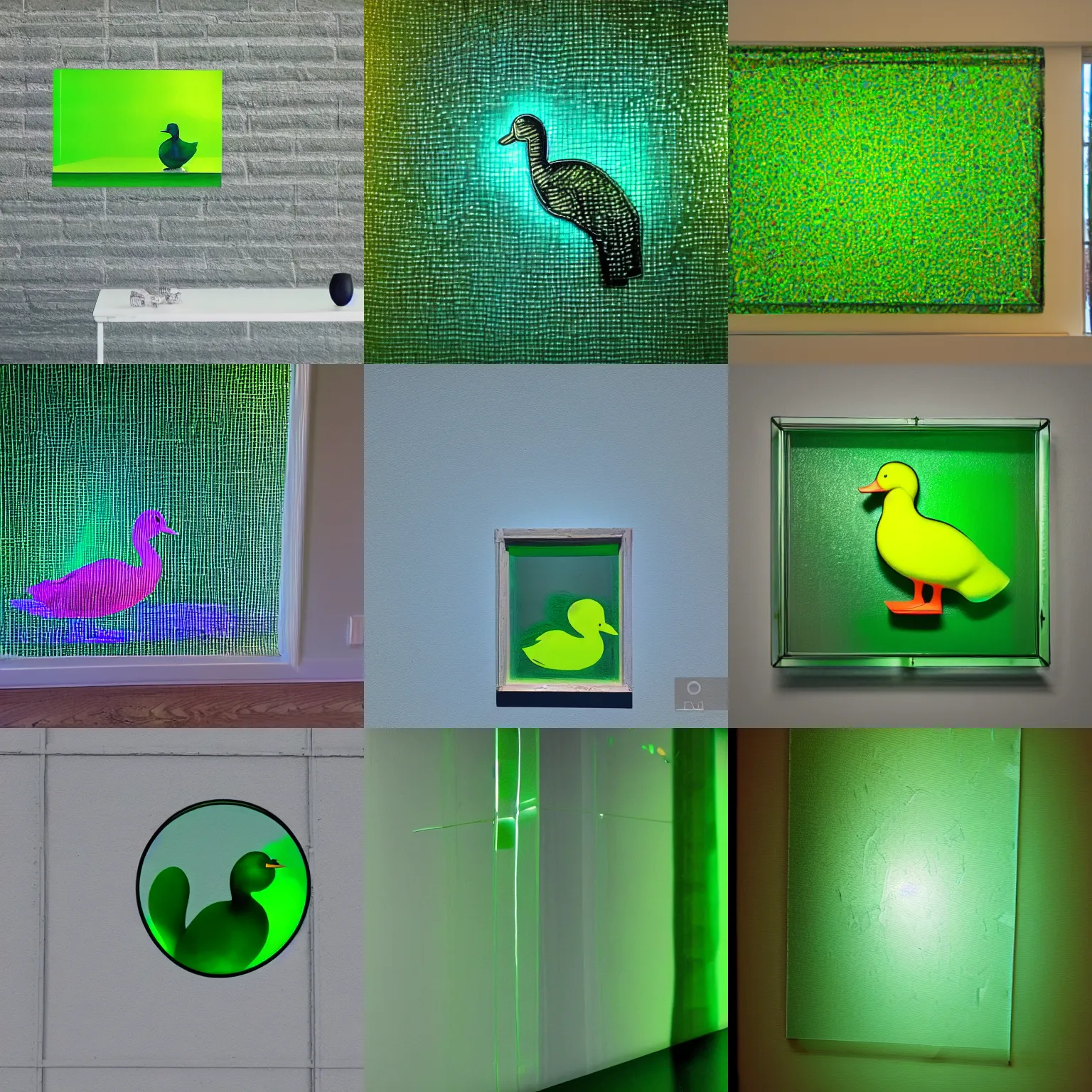 Prompt: photo of painting on wall refracted through green translucent glass duck