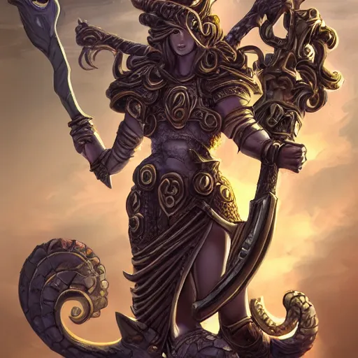 Image similar to torquoise fantasy armored medusa holding a spear, pillars background with ruined and statues, fantasy game art, fantasy rpg, league of legends