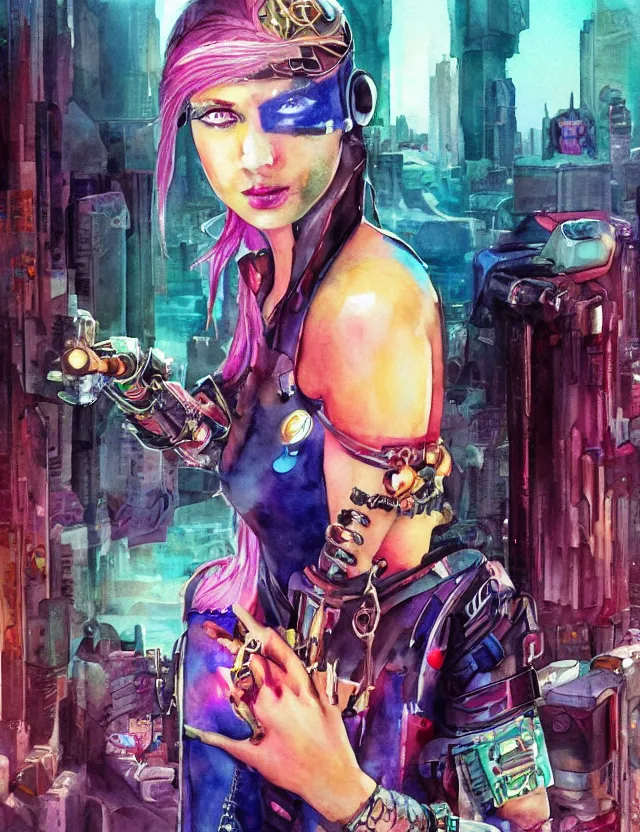 Prompt: cyberpunk princess. this watercolor painting by the beloved children's book author has interesting color contrasts, plenty of details and impeccable lighting.