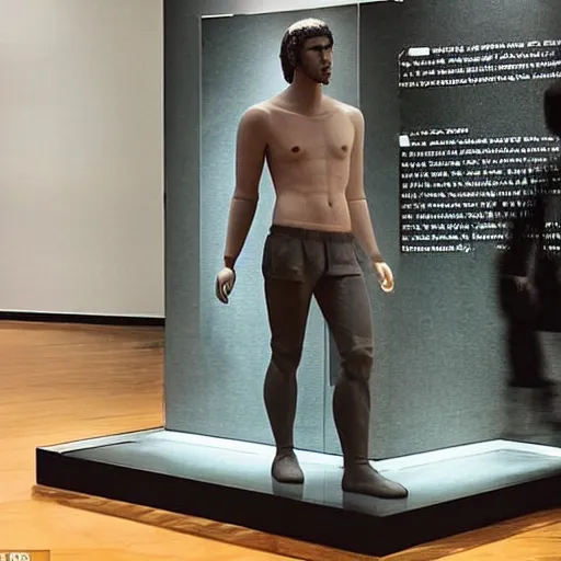 Image similar to “a realistic detailed photo of a guy who is an attractive humanoid who is half robot and half humanoid, who is a male android, actor Liam Hemsworth, shiny skin, posing like a statue, blank stare, at the museum, on display”