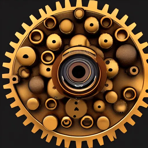 Prompt: a camera lens made of cogs, gears, pistons, and steam. golden and brown hues. blooming highlights. 3 d render.